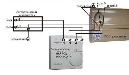 Схема подключения терморегулятора Eberle RTR – E3563 на нагрузку до 3,5 кВт